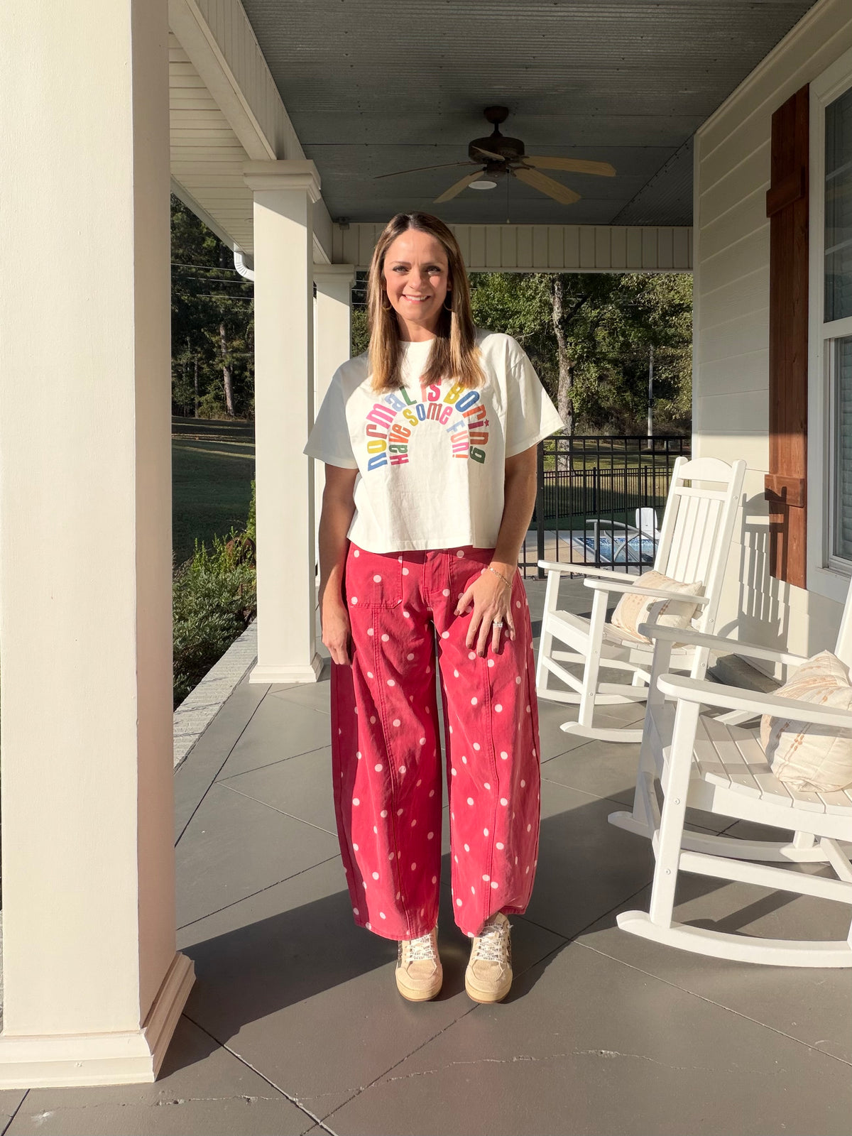 Polka dot printed denim barrel jean - Red