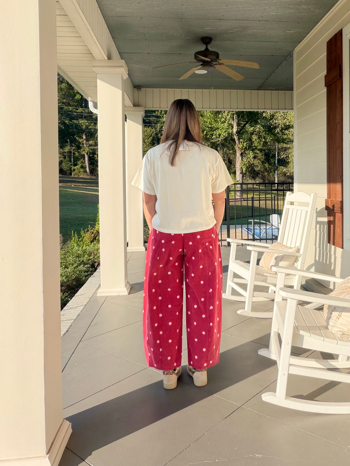 Polka dot printed denim barrel jean - Red