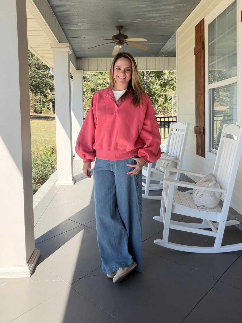 Snap Button Collared Pullover Top - Coral Pink