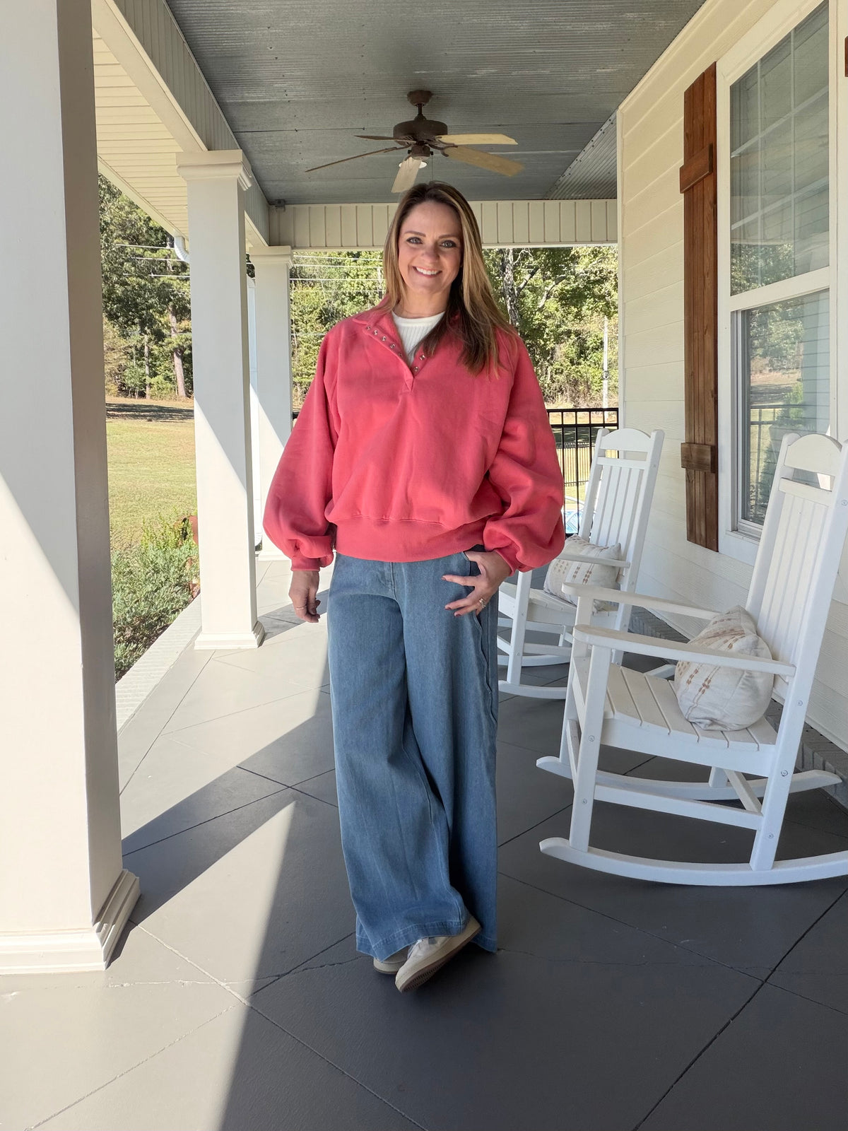 Snap Button Collared Pullover Top - Coral Pink