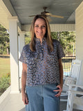 Leopard print short sleeve jacquard top - Blue