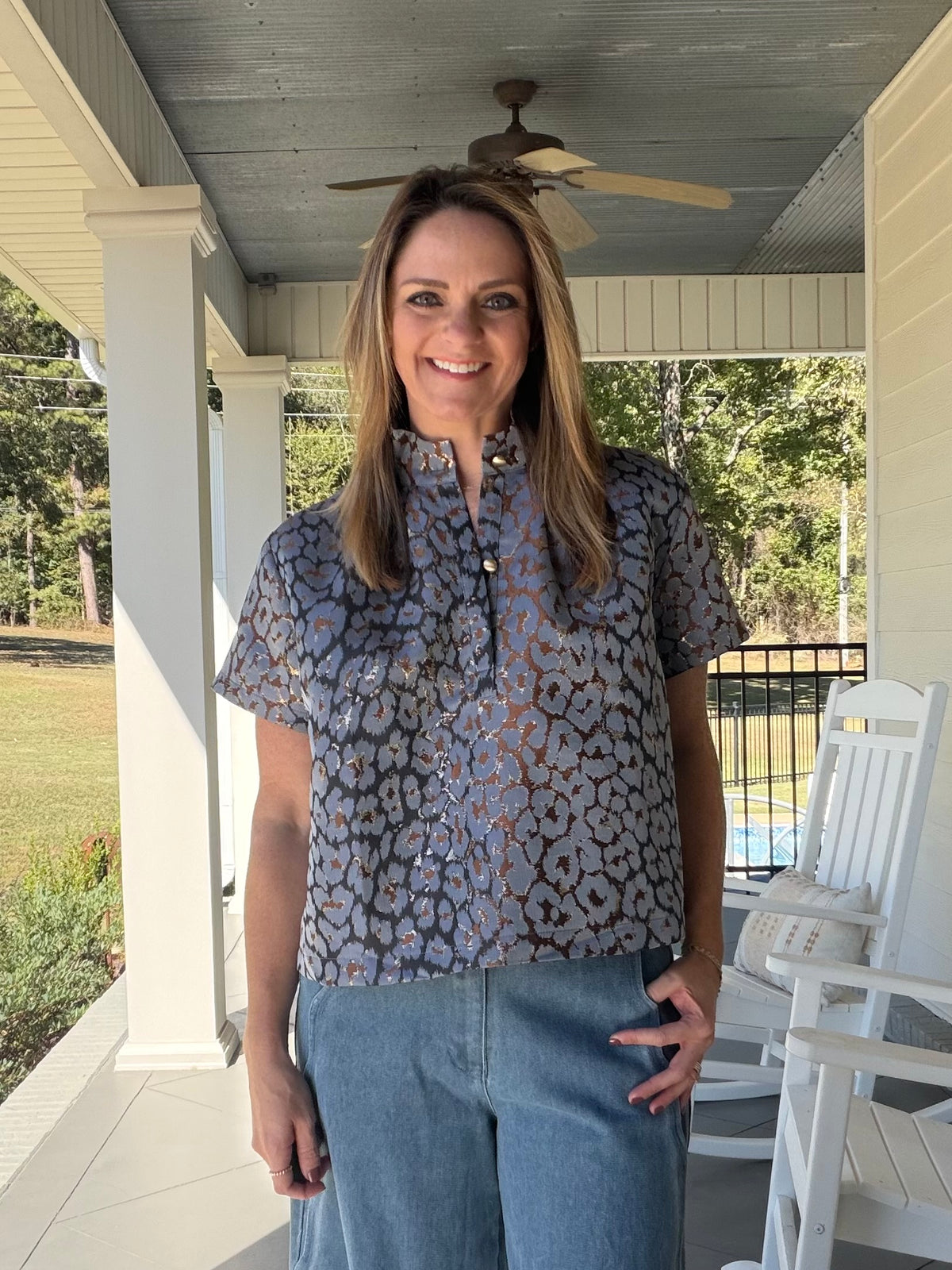 Leopard print short sleeve jacquard top - Blue