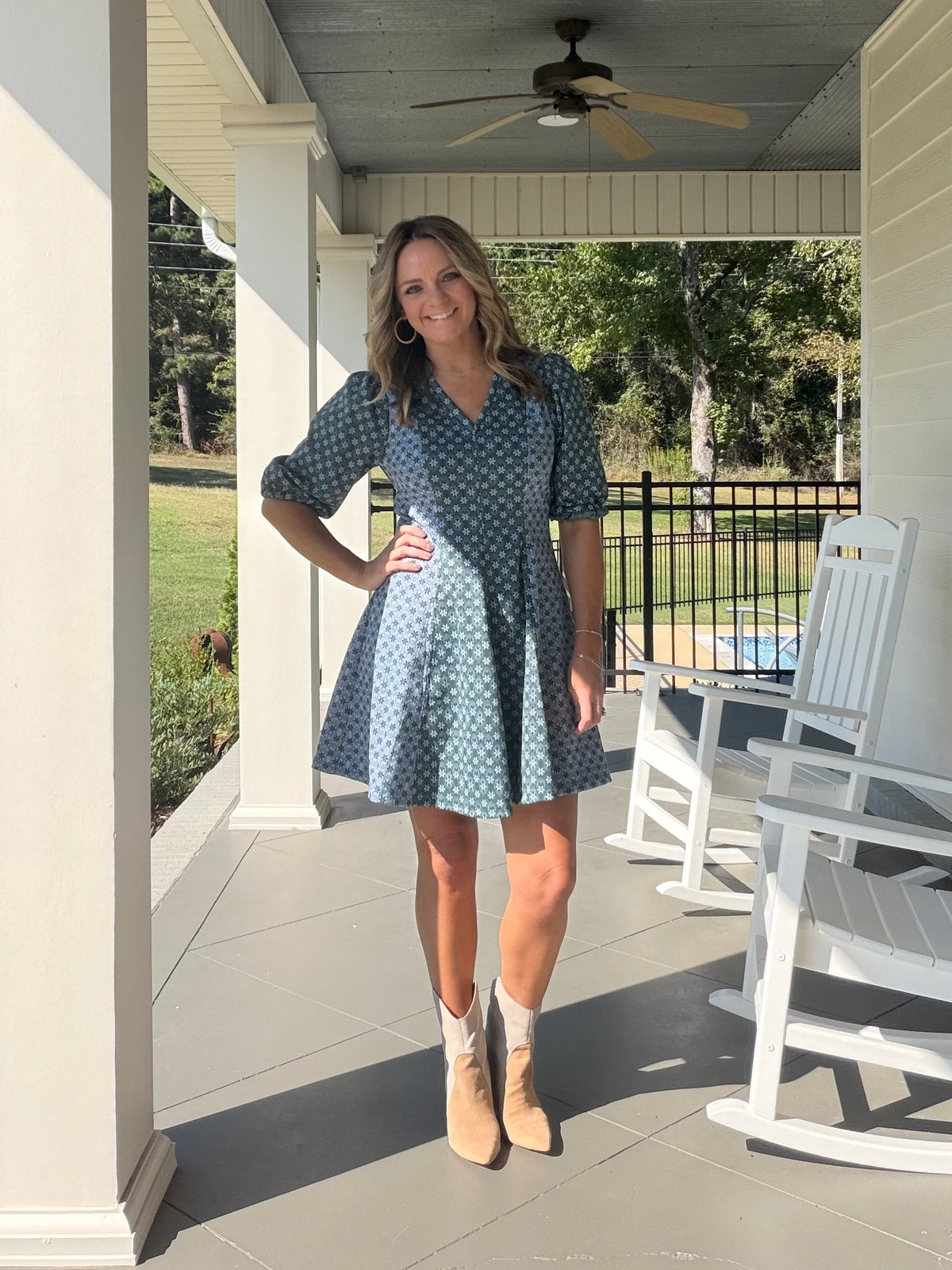 Color Contrast Floral Printed Knit Dress - Blues