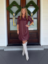Load image into Gallery viewer, Ruffled V-neck Solid Faux Leather Shift Dress - Maroon
