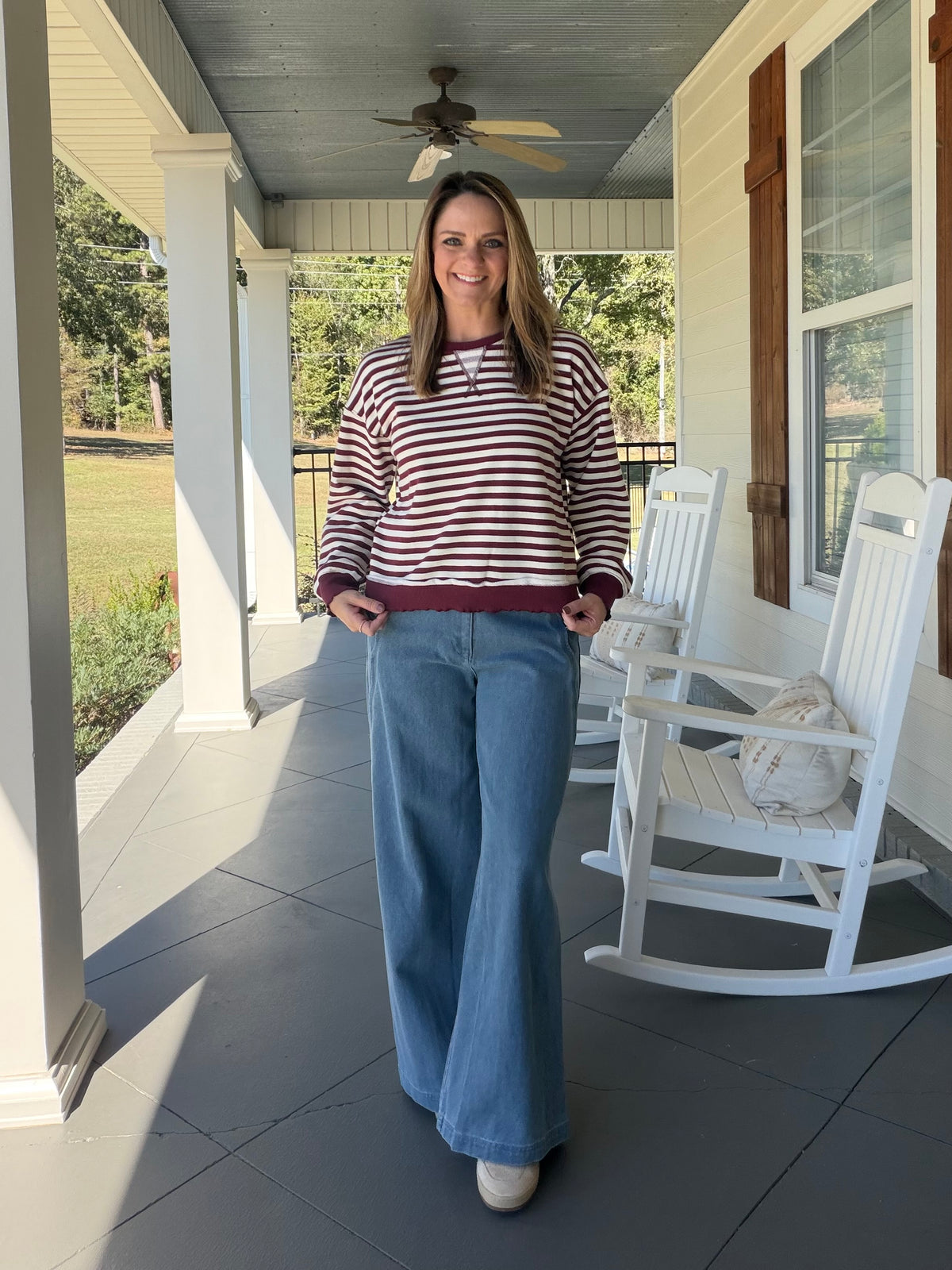 Stripe French Terry Casual Sweatshirt - Maroon/Ivory