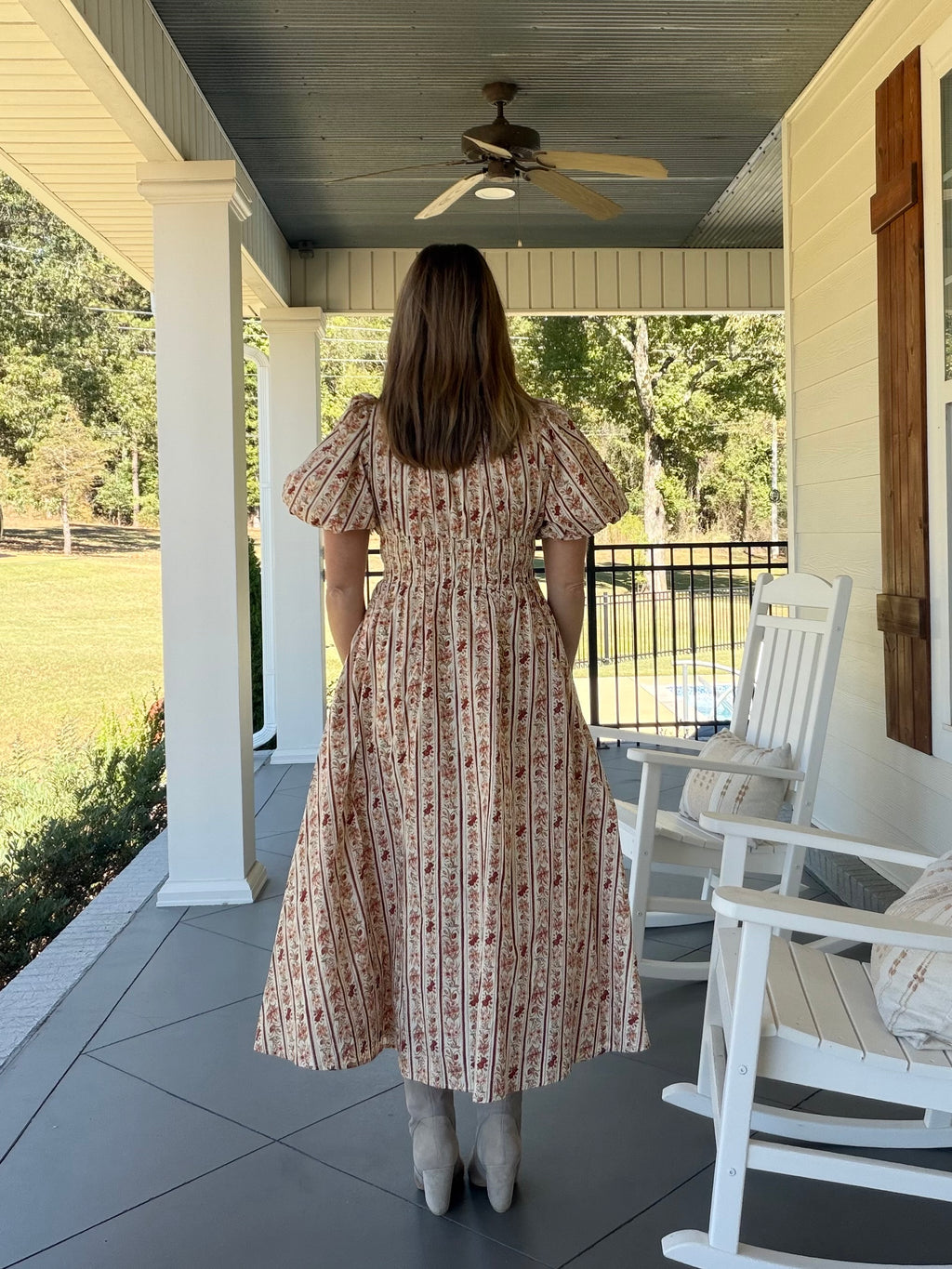 Printed short puff sleeve midi dress - Ecru