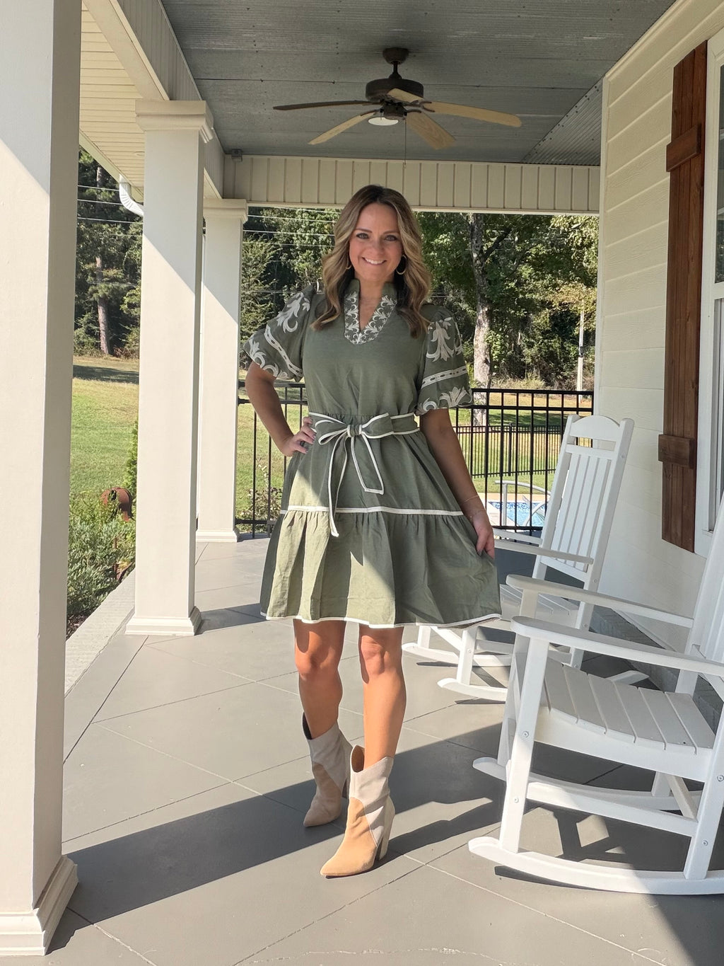Embroidered Tiered Dress with TIe -Ash Olive