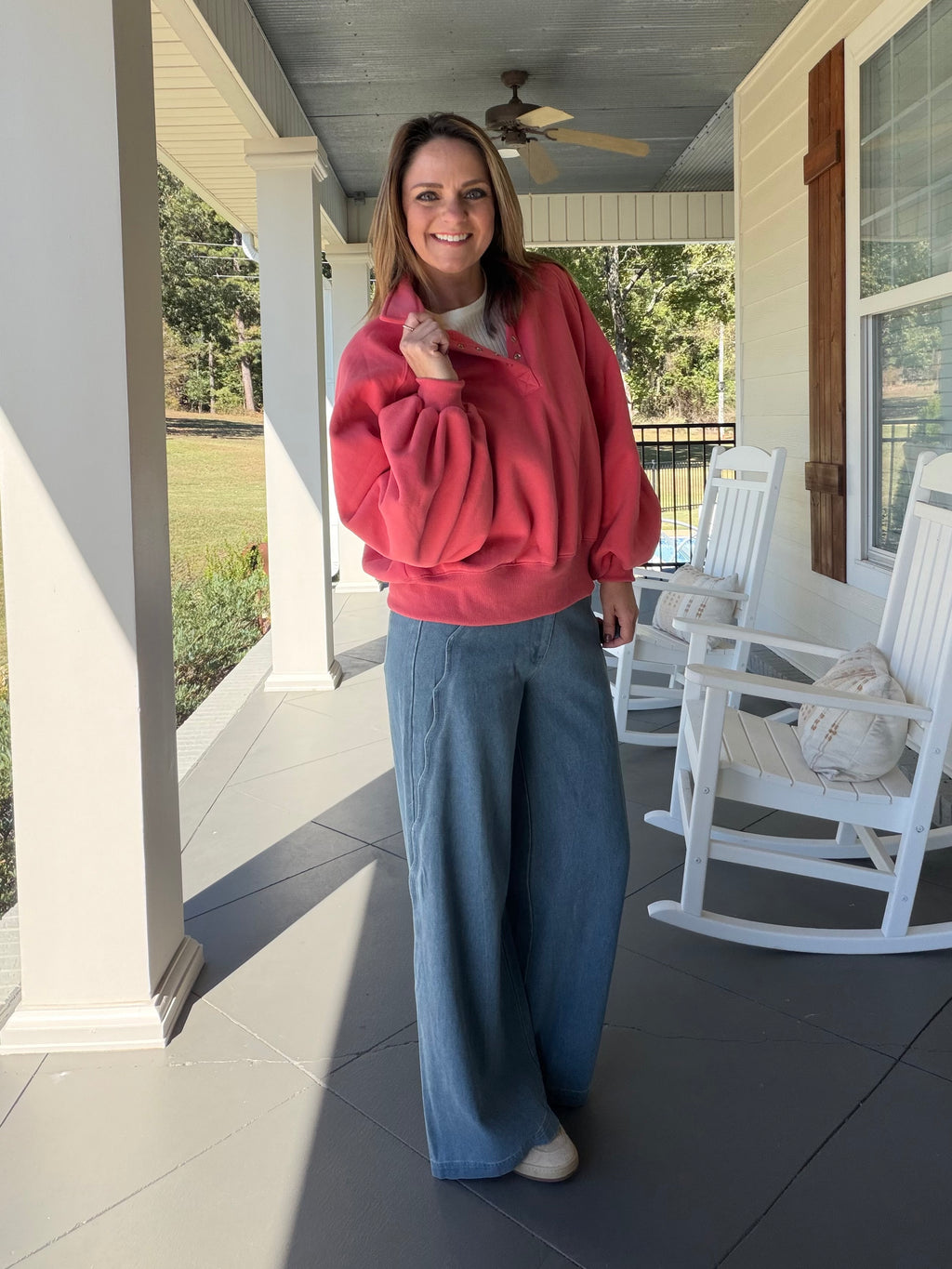 Snap Button Collared Pullover Top - Coral Pink