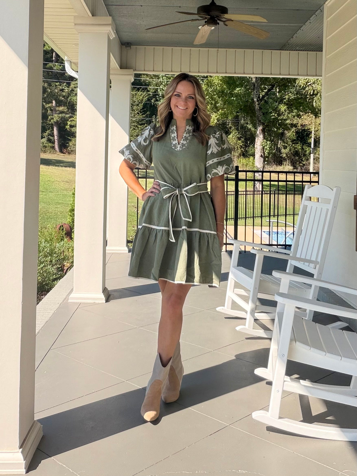 Embroidered Tiered Dress with TIe -Ash Olive