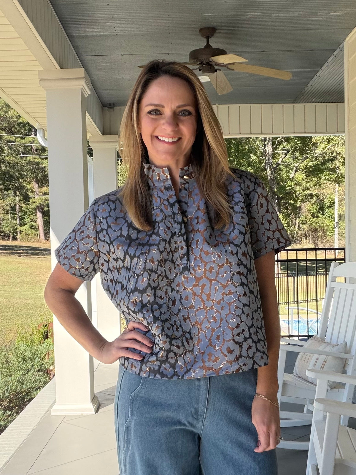 Leopard print short sleeve jacquard top - Blue