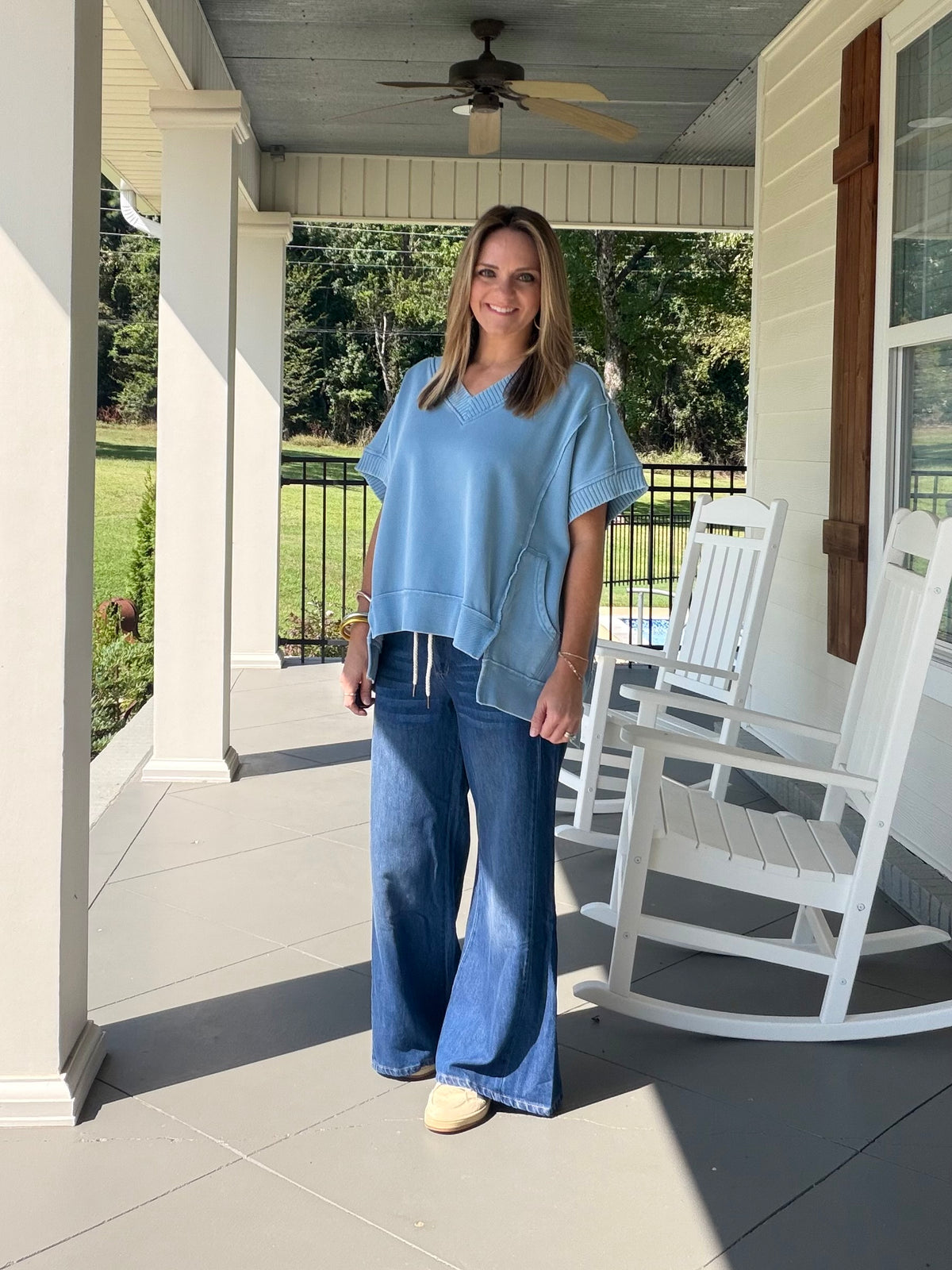 Mineral Washed Oversized Short Sleeve Top - Powder Blue