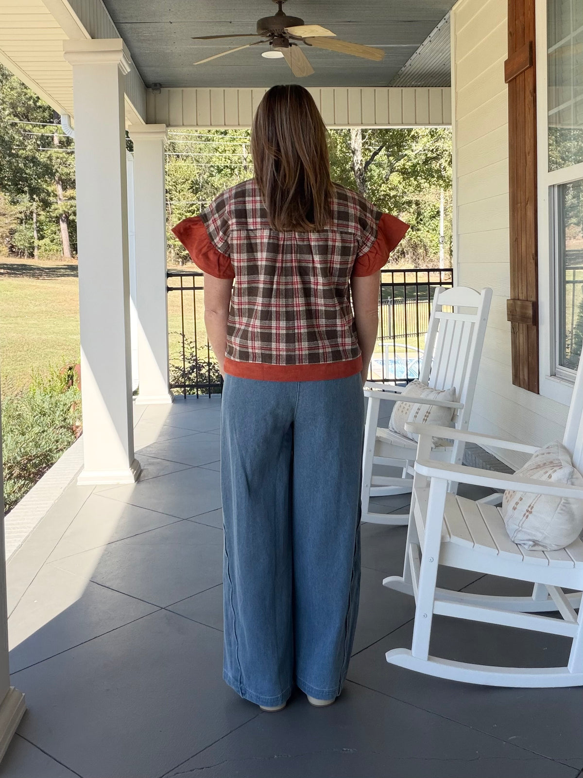Solid Suede with Contrast Plaid Top - Rust