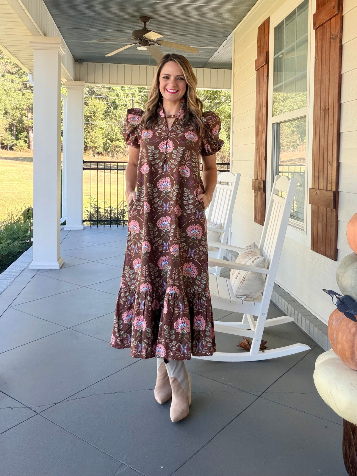 Floral print short puff sleeve midi dress - Brown