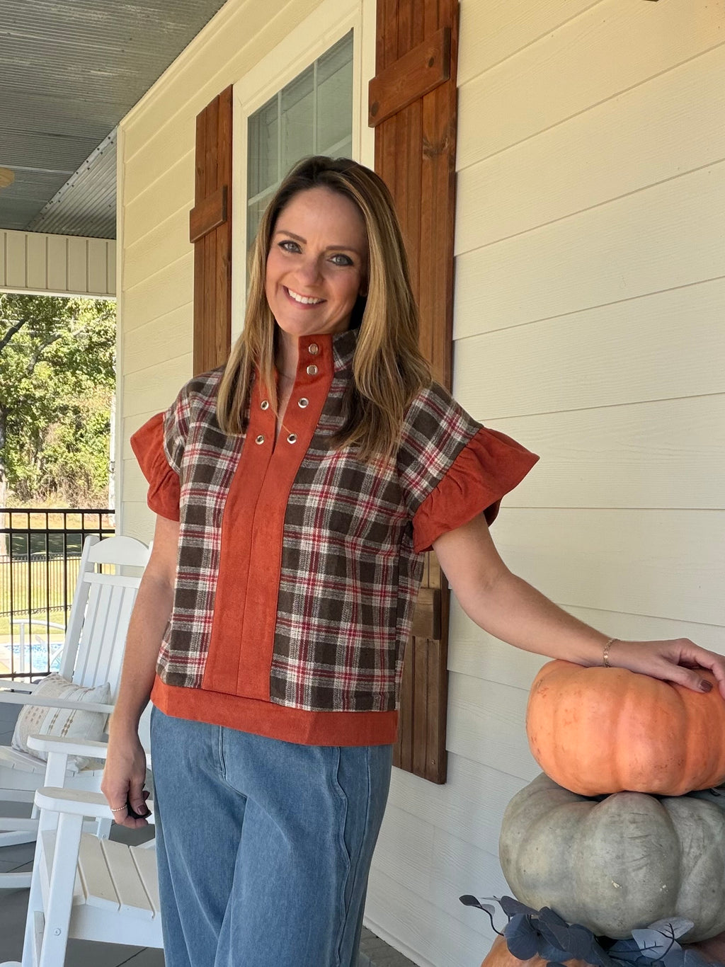 Solid Suede with Contrast Plaid Top - Rust