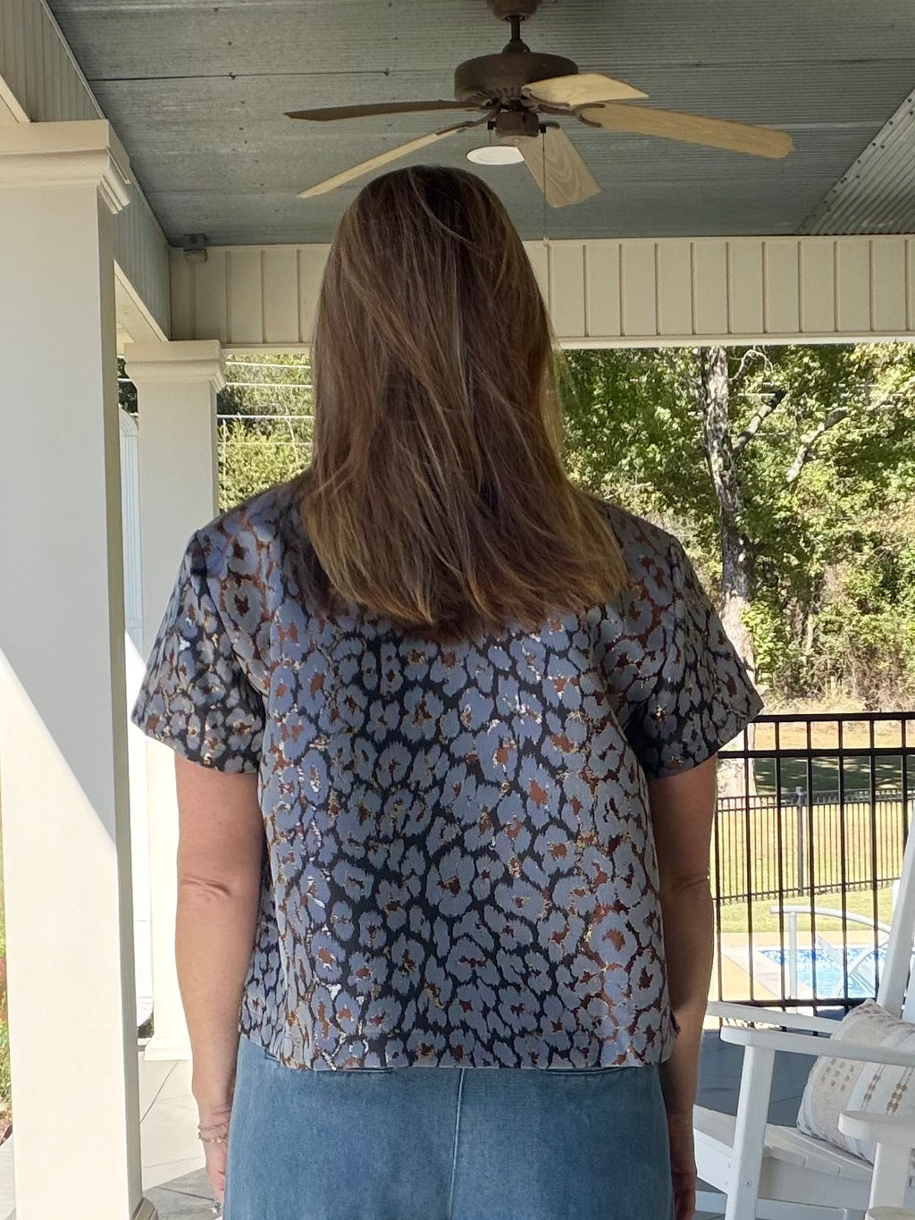 Leopard print short sleeve jacquard top - Blue