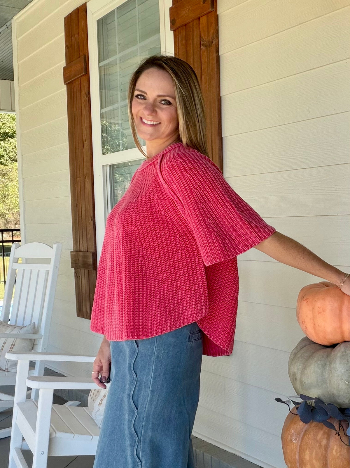 Textured knit short sleeve sweater top - Red