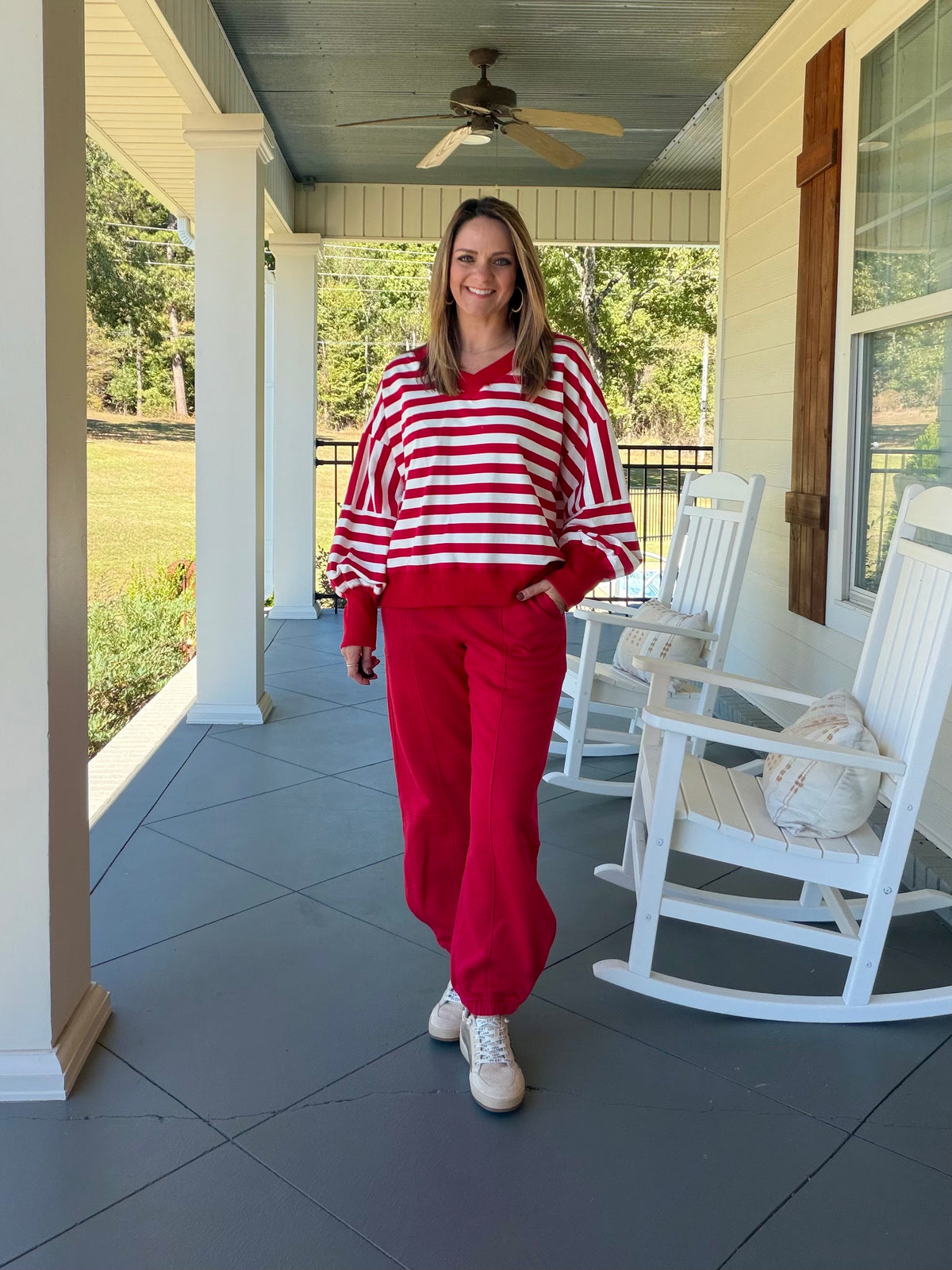 Striped V-neck long sleeve knit top - Red/White