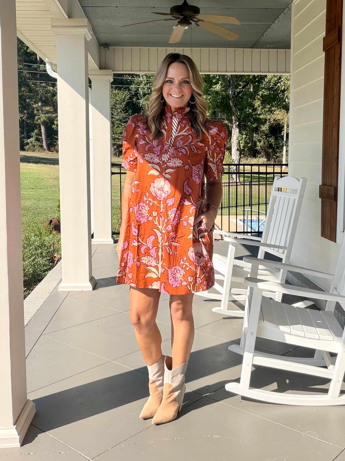 Floral print short puff sleeve dress - Rust