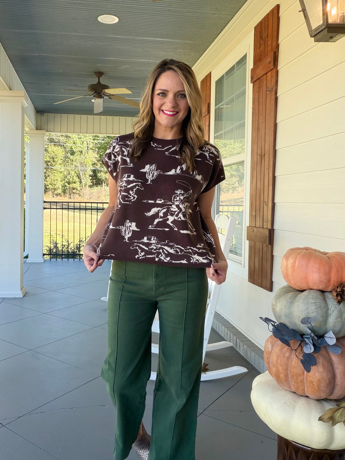 Western printed short sleeve sweater top - Brown