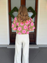 Load image into Gallery viewer, Short Bubble Sleeve Floral Printed Knitted Sweater Top - Olive
