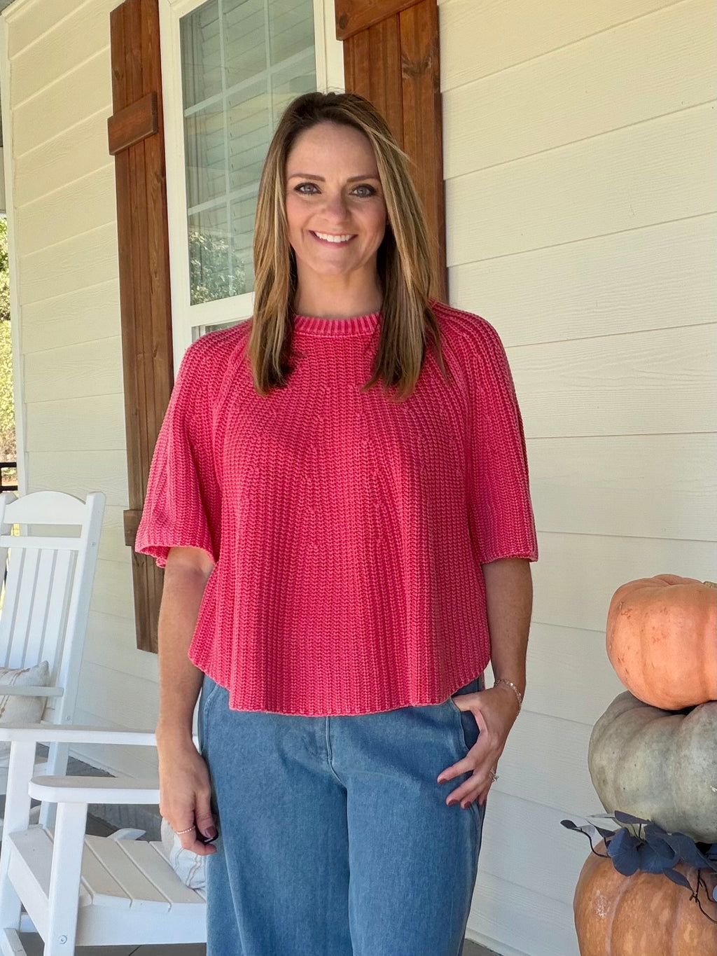 Textured knit short sleeve sweater top - Red