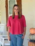 Textured knit short sleeve sweater top - Red