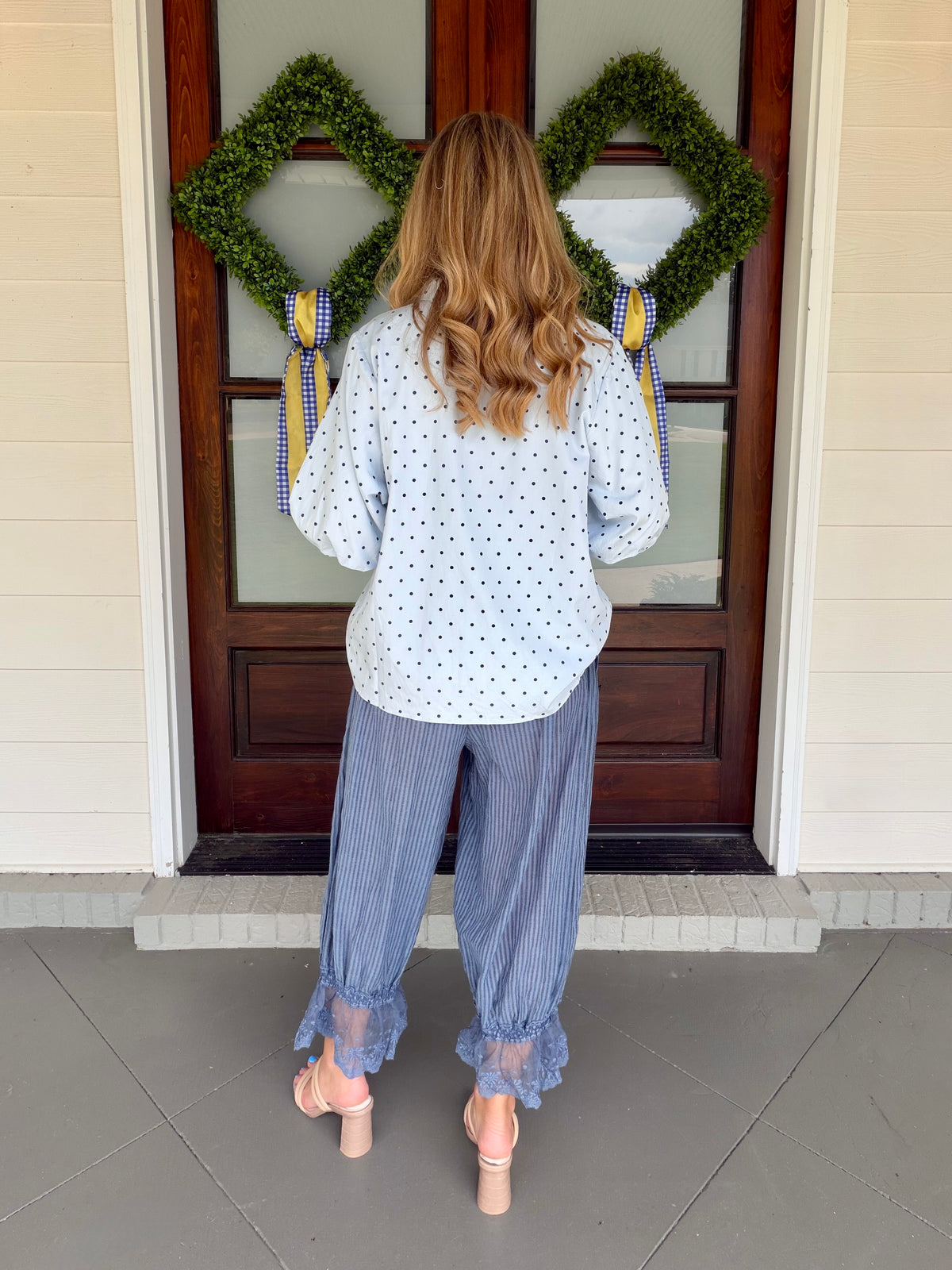 Polka Dot Button Down 3/4 Sleeve Top - Blue