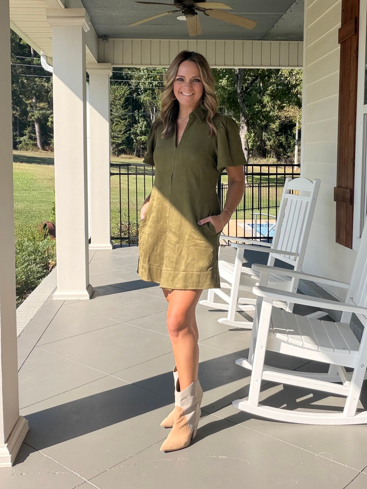 Collar V-neck front pleated suede-like Dress - Olive