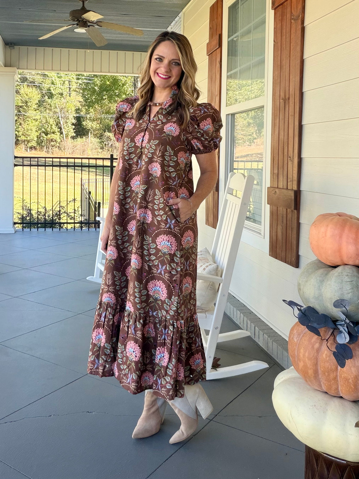 Floral print short puff sleeve midi dress - Brown