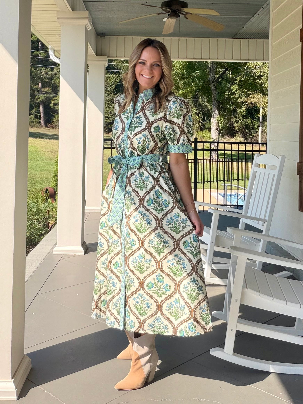 Mixed Print Short Sleeve Tie Midi Dress - Cream Mix