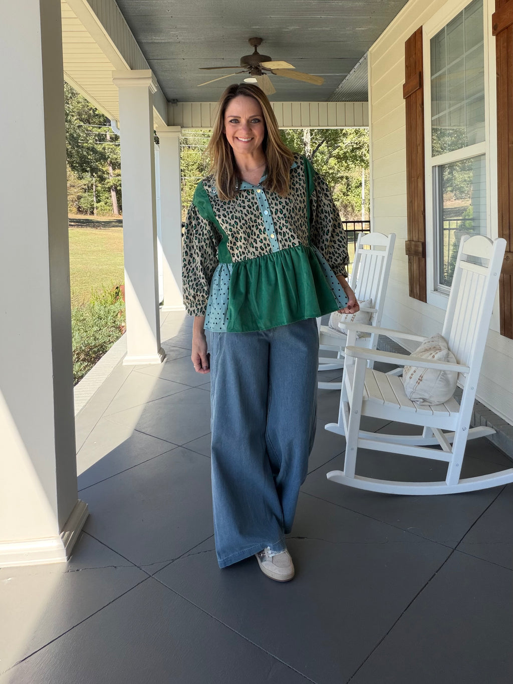 Multi Print Mixed Snap Button Down Peplum Top