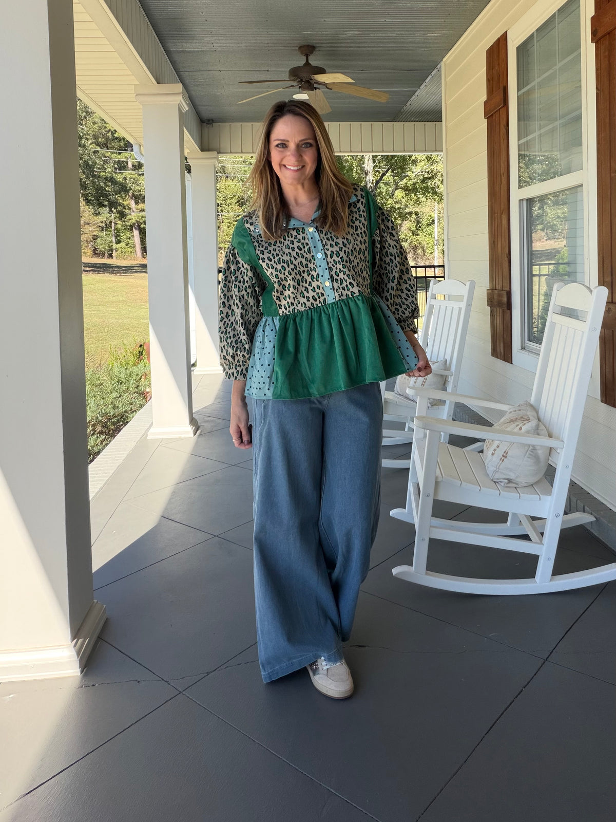 Multi Print Mixed Snap Button Down Peplum Top