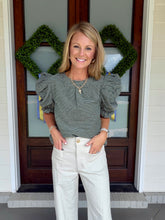 Load image into Gallery viewer, Ruched And Ruffle Puff Sleeve Stripe Knit Top - Hunter Green

