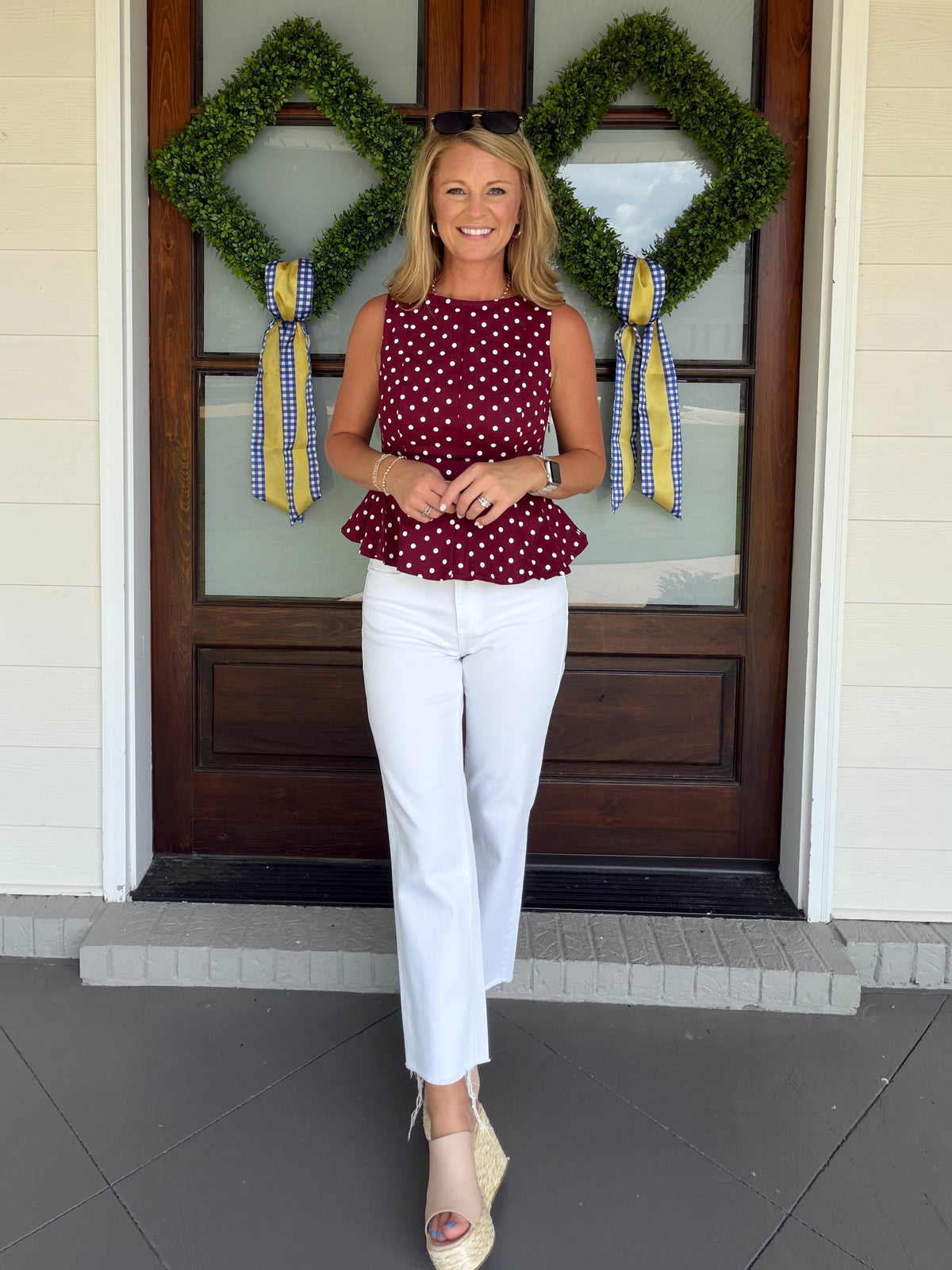Polka Dot Peplum Denim Top - Maroon