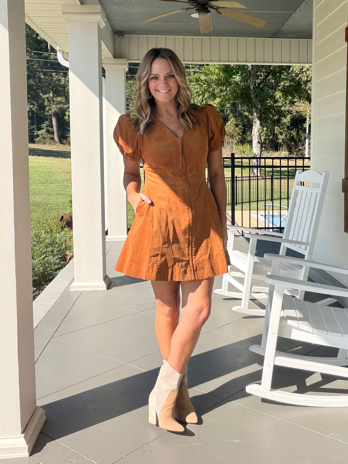 Corduroy puff sleeve zip front dress - Camel