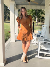 Load image into Gallery viewer, Corduroy puff sleeve zip front dress - Camel

