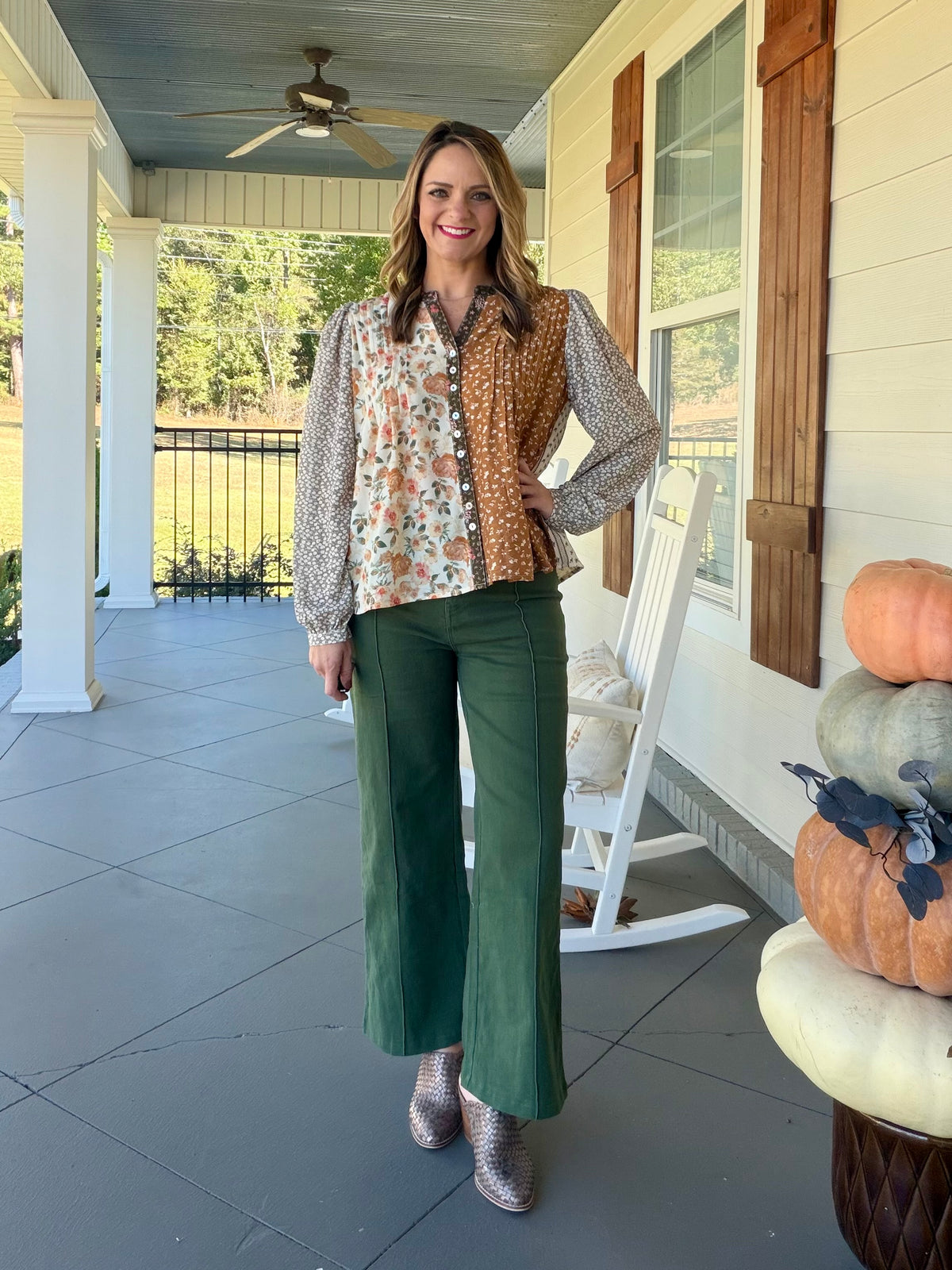Mixed floral print button down long sleeve top