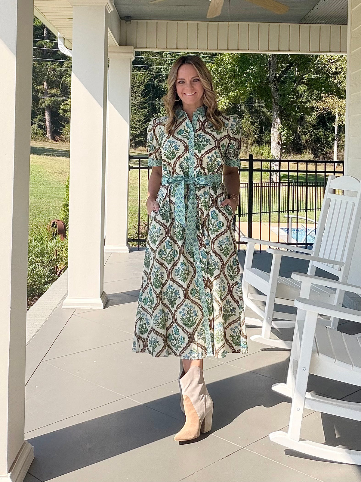 Mixed Print Short Sleeve Tie Midi Dress - Cream Mix