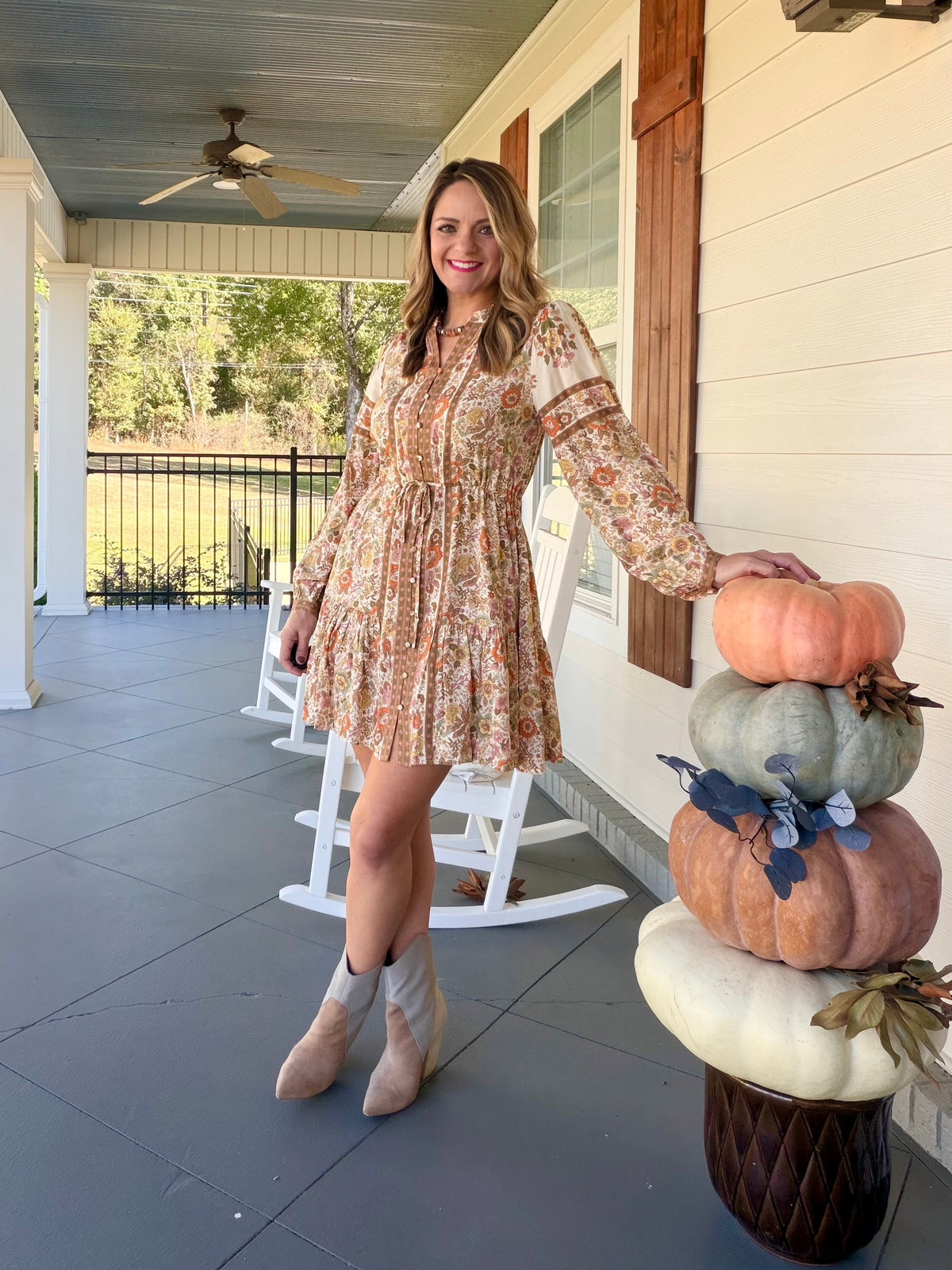 Boho Floral Print Tie Waist Dress