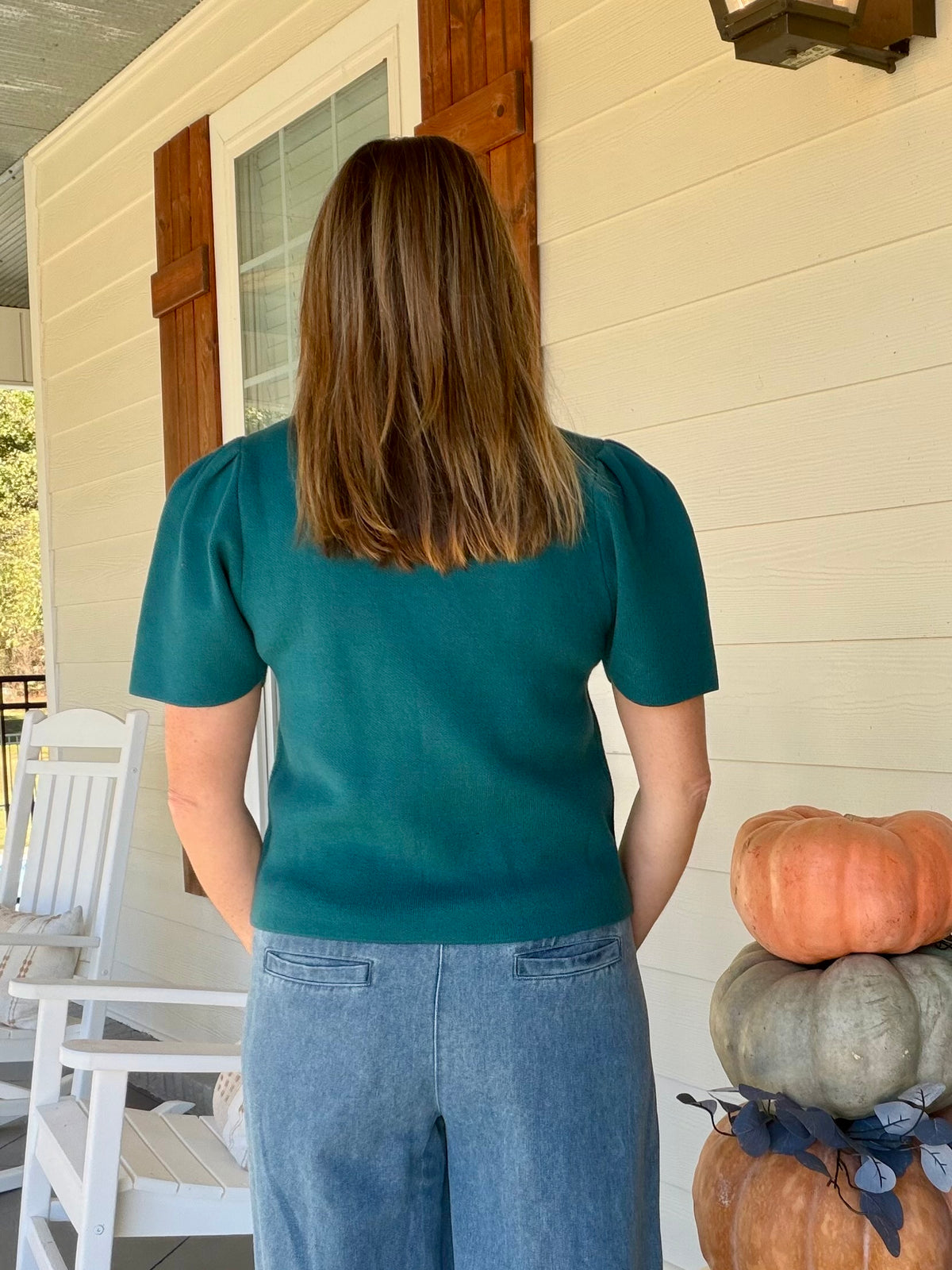 Puff sleeve solid knit top - Teal