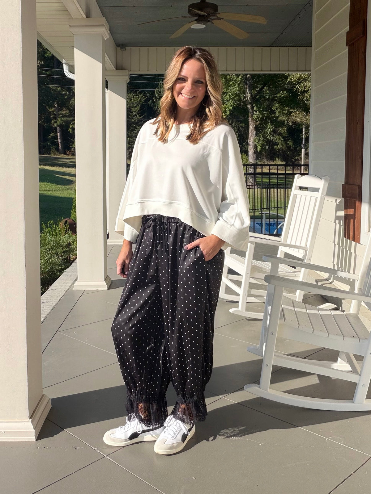 Polka Dot Printed Satin Pants with Lace Trim - Black