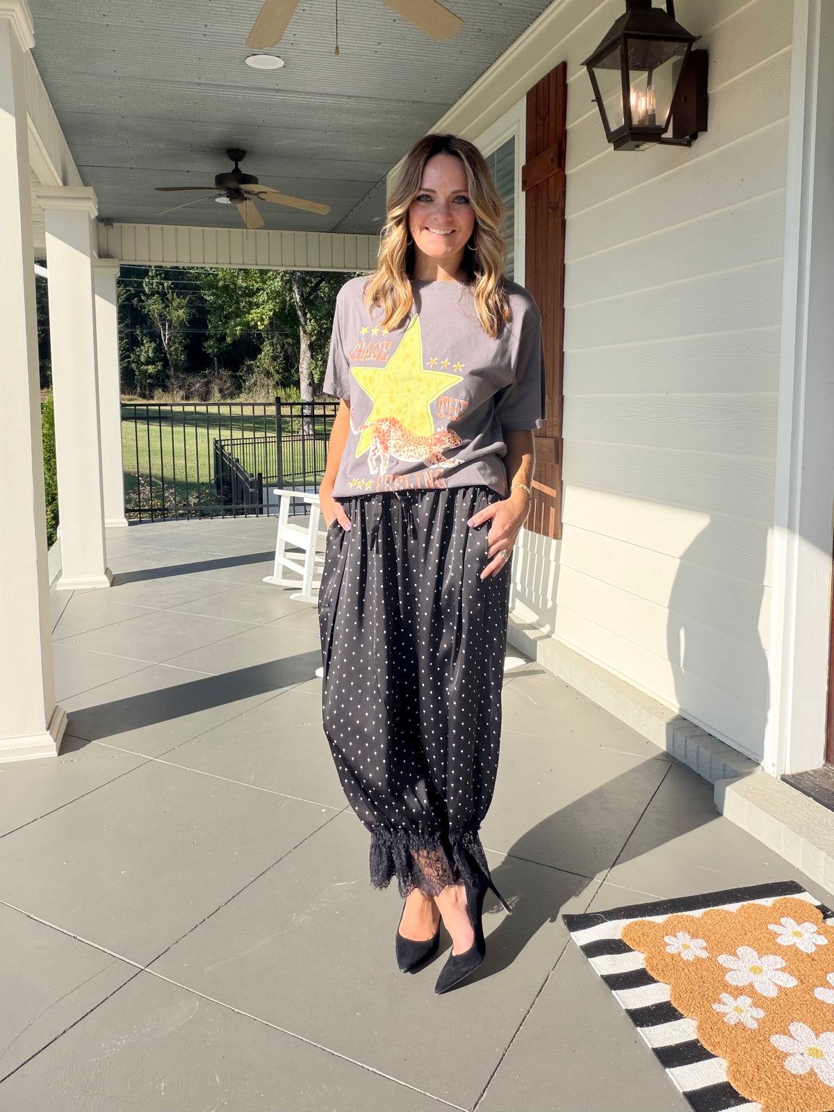 Polka Dot Printed Satin Pants with Lace Trim - Black
