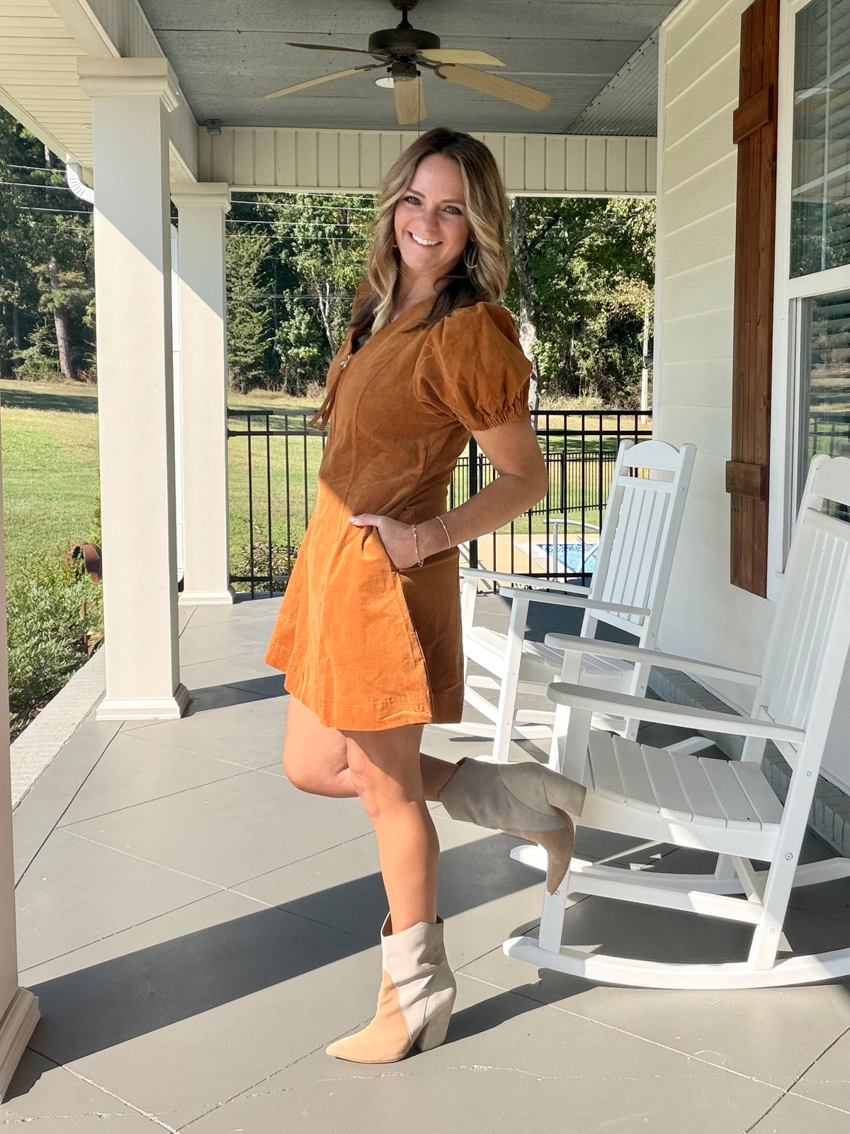 Corduroy puff sleeve zip front dress - Camel