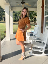 Load image into Gallery viewer, Corduroy puff sleeve zip front dress - Camel
