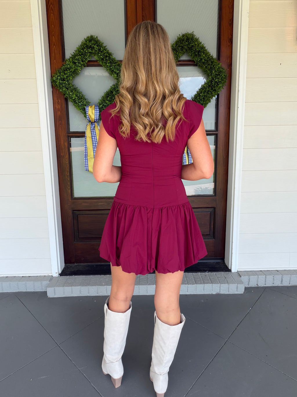 Ruched Bubble Hem Drop Waist Dress - Maroon