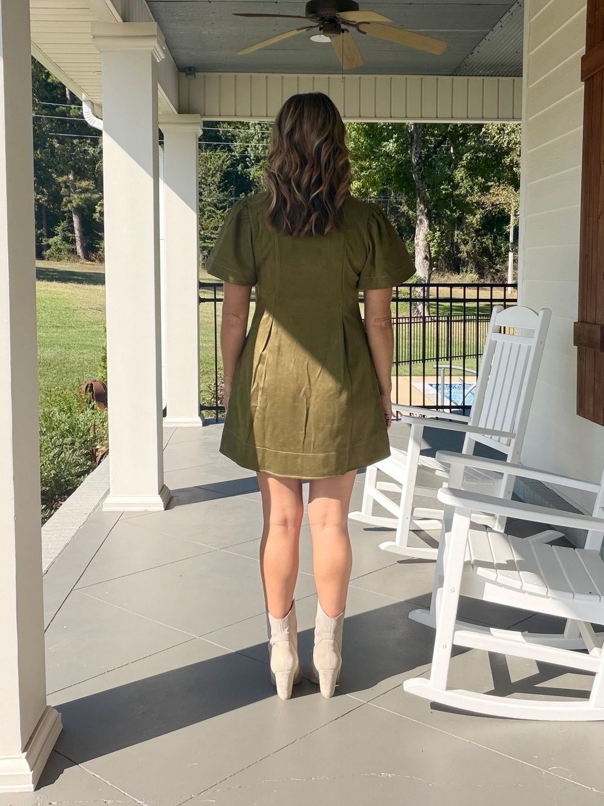 Collar V-neck front pleated suede-like Dress - Olive