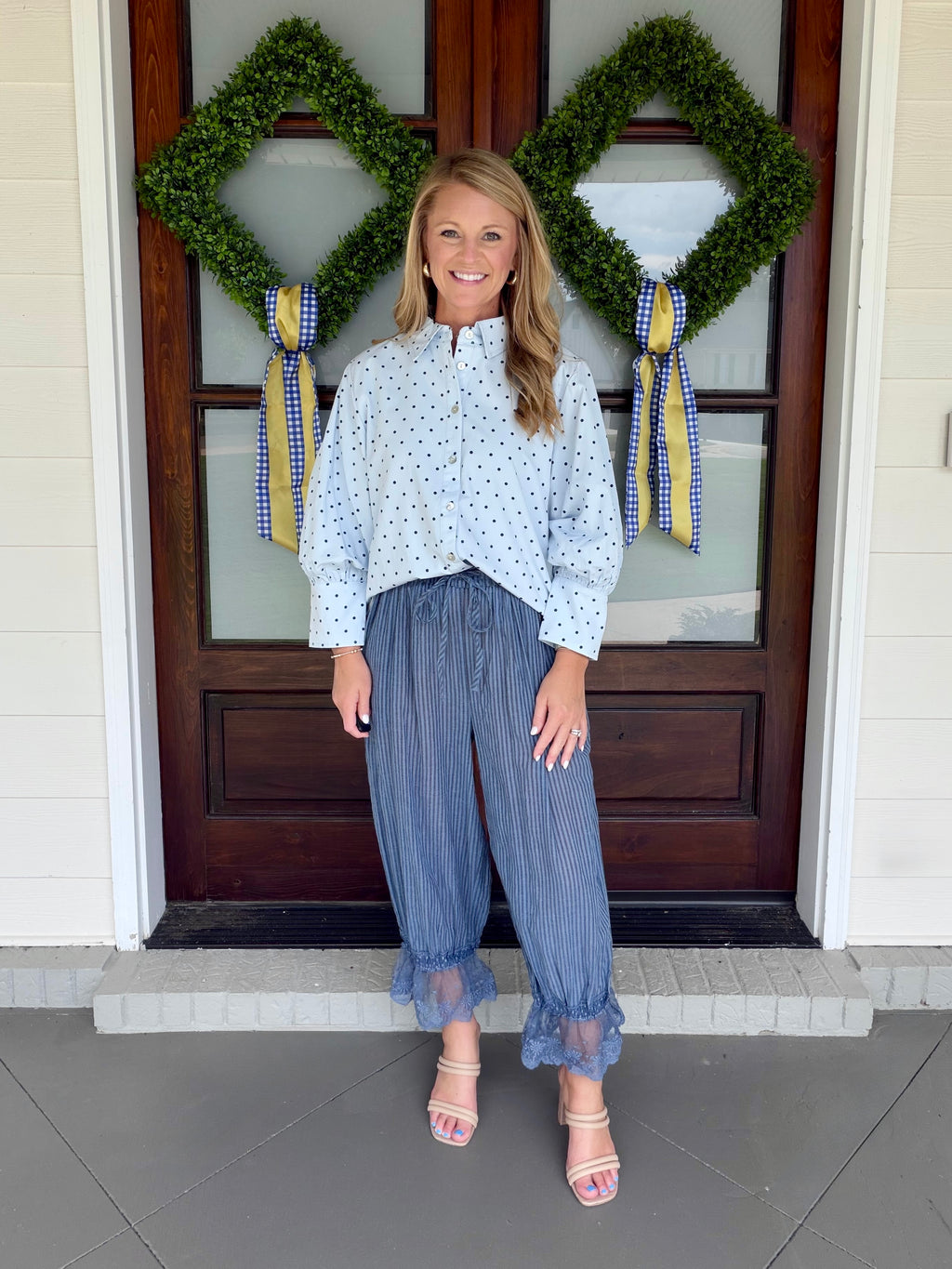Stripe Wide Leg Pants with Lace Trim - Navy