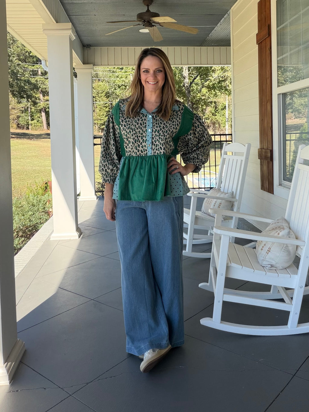 Multi Print Mixed Snap Button Down Peplum Top
