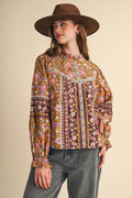 Floral Border Print Top With Floral Trim