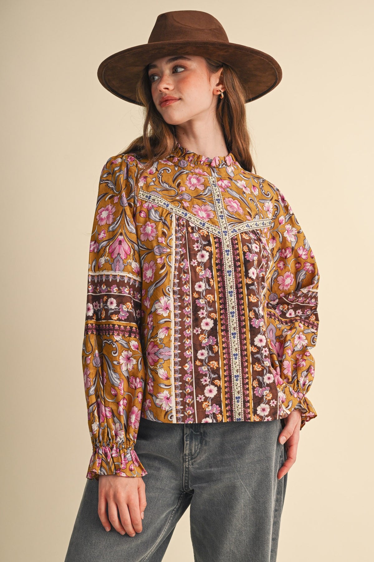 Floral Border Print Top With Floral Trim